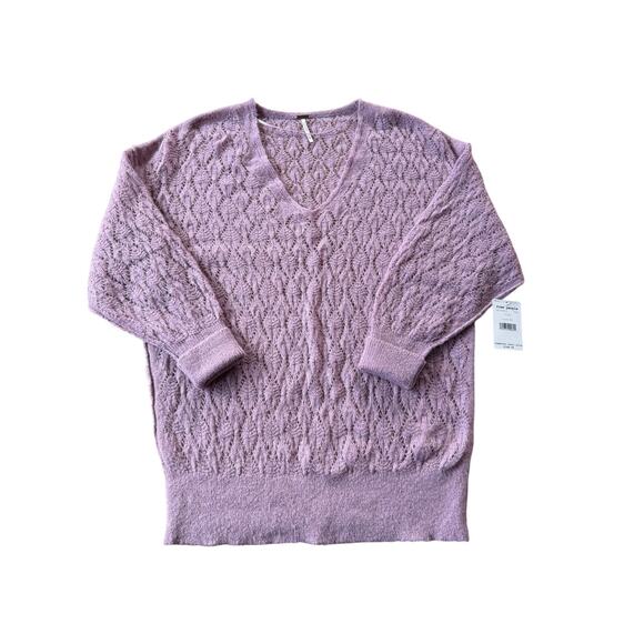 Free People Lilac Alpaca Blend Open Knit Sweater Boho Slouchy Pullover XS NWT - Picture 2 of 6